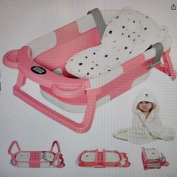 New But Open Box Pink Collapsible Baby Bathtub W/thermometer