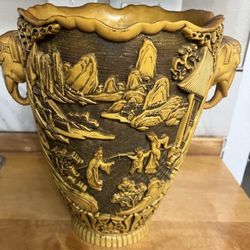 Vintage Large Carved Resin/Soapstone Chinese Oriental Vase - Elephant Handles