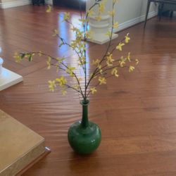 Pottery Barn Green Ceramic Vase With Yellow Faux Flowers