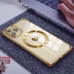 Magnetic Square iPhone 12 Pro Case [2 in 1] Compatible with MagSafe,Full Lens Protection Clear gold