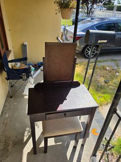Dark Wood Vanity Desk with Mirror and Stool