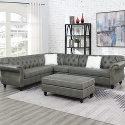Brand New Grey Leather Retro Style Sectional Sofa (Ottoman Sold Separately)