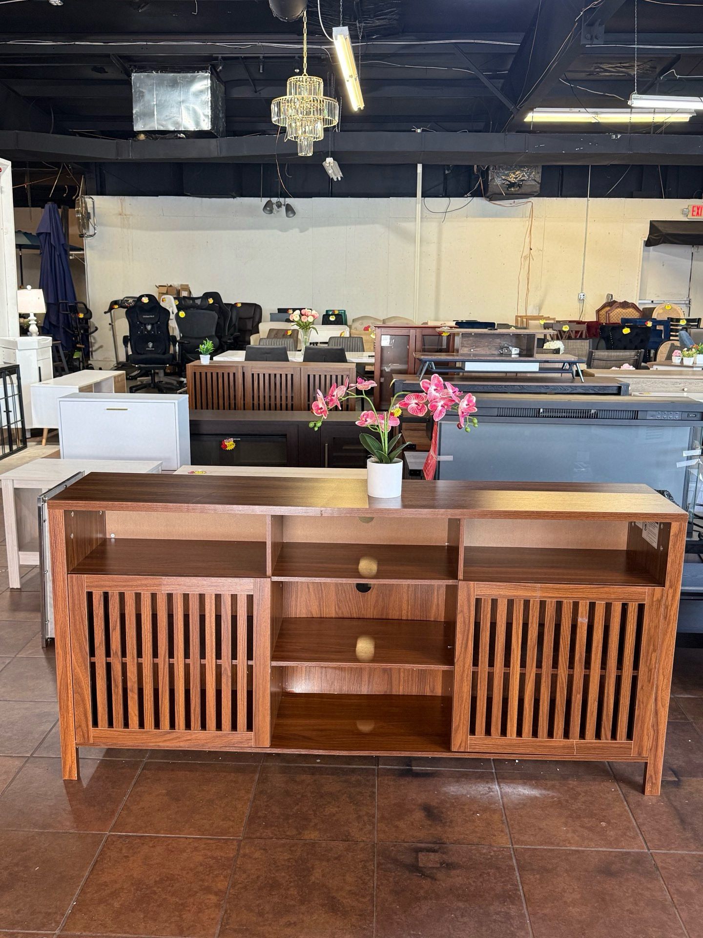 🔥Special Discount 🔥(There are minor damages, please come if you don‘t mind.) Farmhouse Brown TV Stand with Grille Door, 5 Open Storage Compartments,