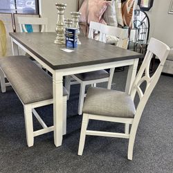 White And Grey Farmhouse Dining Set Table With 4 Chairs And A Bench