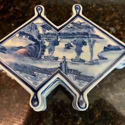Antique Chinese Trinket Box Blue & White Kangxi marks Style 8.1" L.