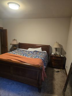 Wooden Bed, King, And Two Nightstands