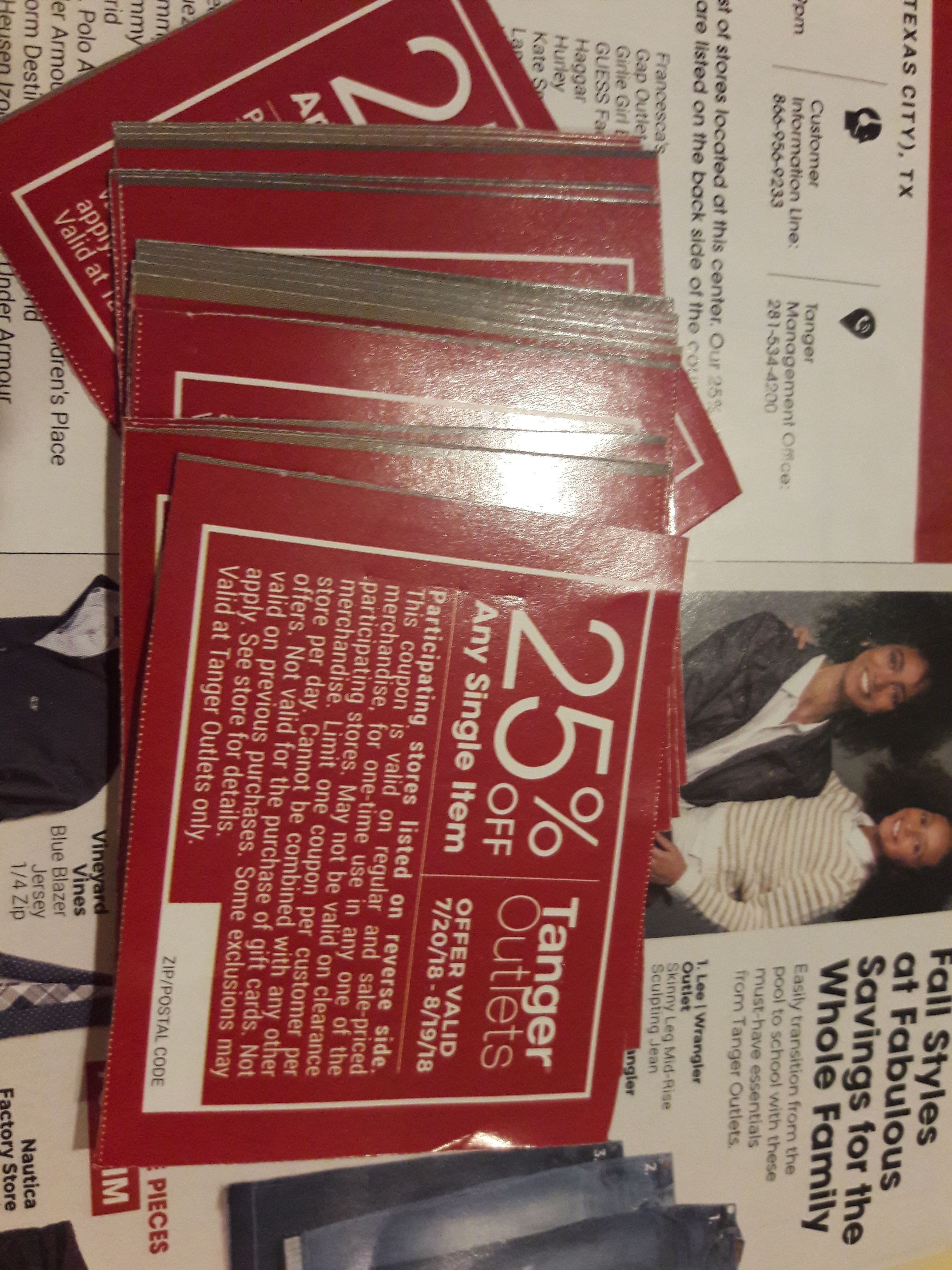 Tanger Outlets 25% off coupons (20) for Sale in Rosharon, TX - OfferUp