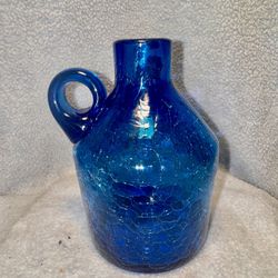 Vtg Deep Blue Crackle Glass Jug Vase 