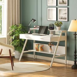 White Computer Desk, 47" Writing Desk with Storage Shelf & Drawers