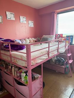 Pink Loft Bed with Storage, Sitting Area & LEDs — $300 OBO
