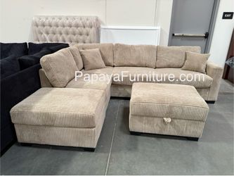 105”L Reversible chaise couch. New! Camel Plush Sectional And Storage Ottoman, Sectional Couch, Sofa, Reversible Sectional, Couch, Brown Sectional, Re