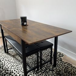 Wood Dining Table With Two Leather Benches