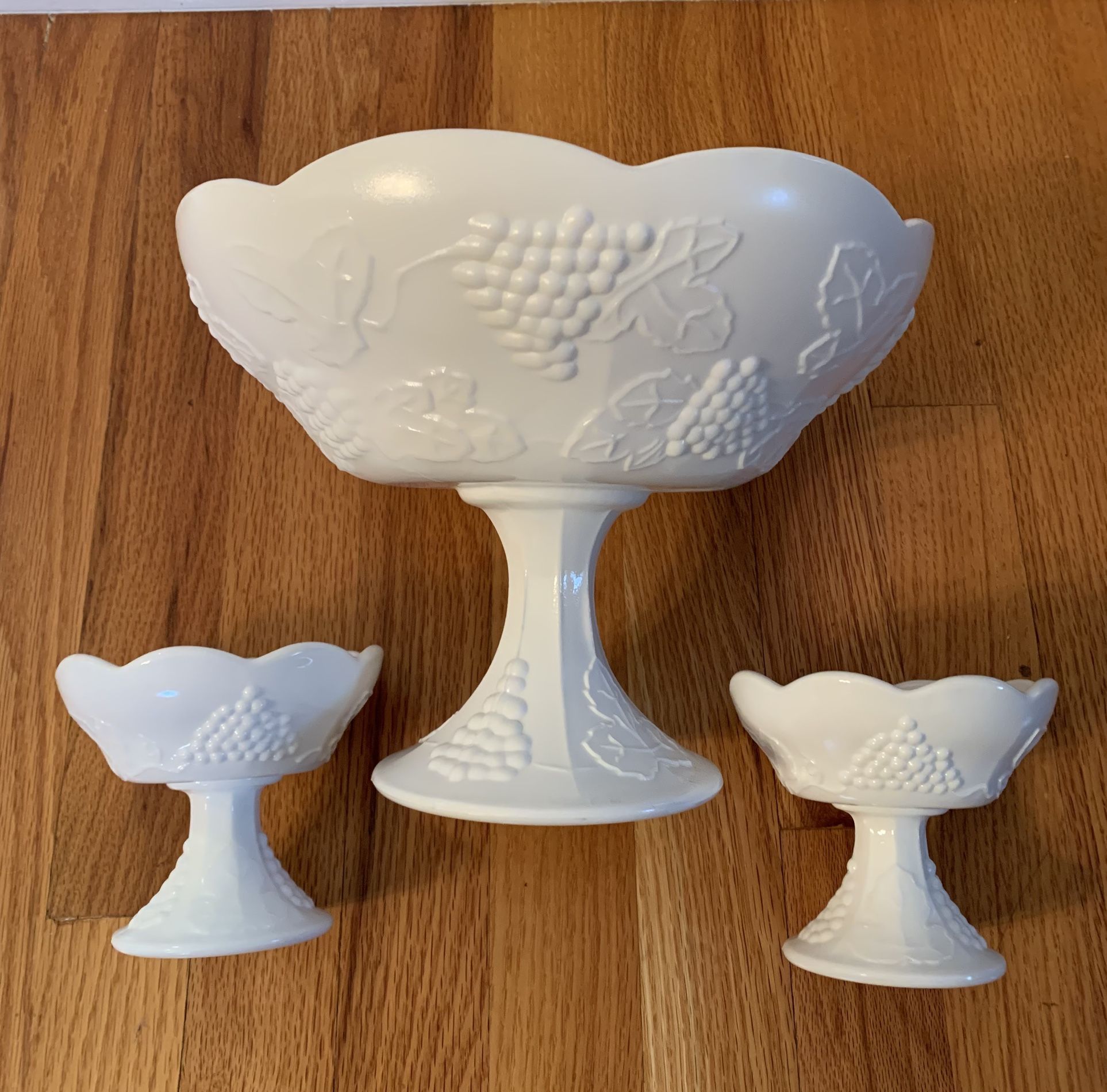 Vintage "Milk glass" pedestal bowl and candle holders set