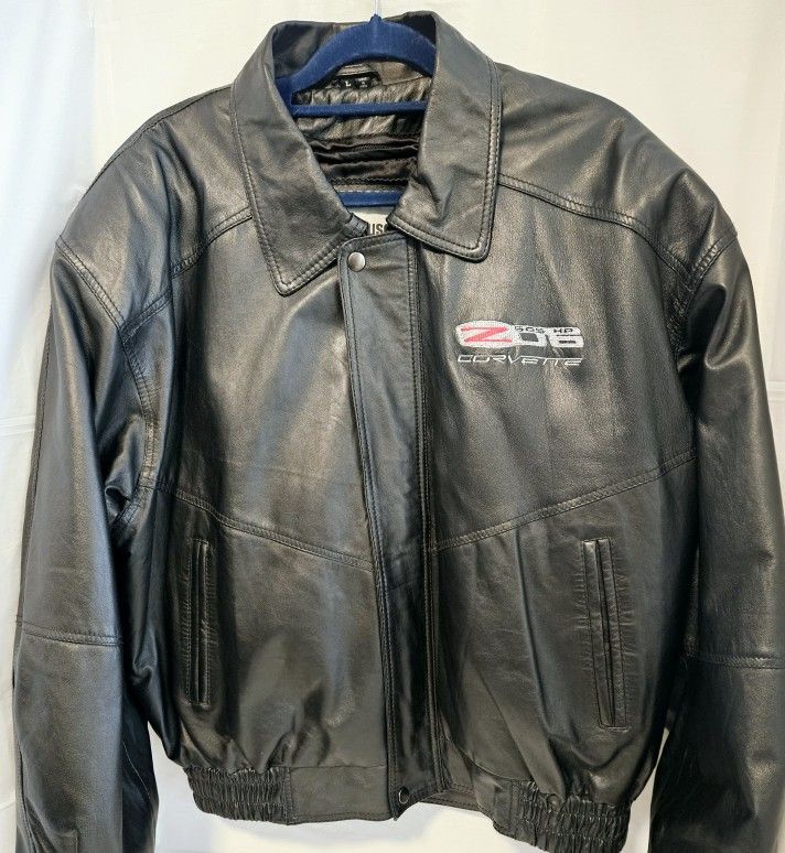 Vgt Corvette Z06 Men's Black Genuine Leather Zip Up Bomber Racing Jacket Size L