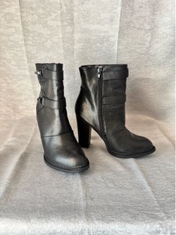 Faux Leather Moto Buckle Heeled Ankle Boots