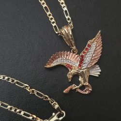 Italian Tri-color Gold Filled Eagle w/ Serpent Pendant; w/ 2.5MM 24in Italian Gold Filled Figaro Chain