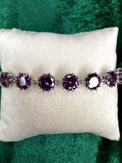 High Carbon CZ Purple Round Statement Bracelet 14K White Gold Plated 7-8"
