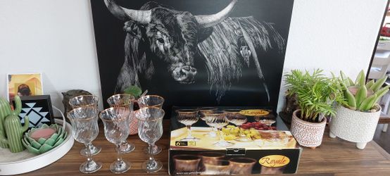 Set Of 6 Royale 24k Gold Rim Water Goblets / Wine Glasses