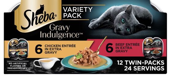 New in box Sheba cat food gravy indulgence 12 twin packs equals 24 servings 6 chicken/6 beef