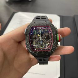 Men's Swiss watch black dial carbon fiber case rubber strap