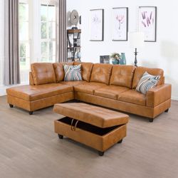 Ginger Faux Leather 3 Seater Sectional Sofa With Ottoman 
