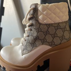 Gucci White Leather GG Canvas Ankle Boots