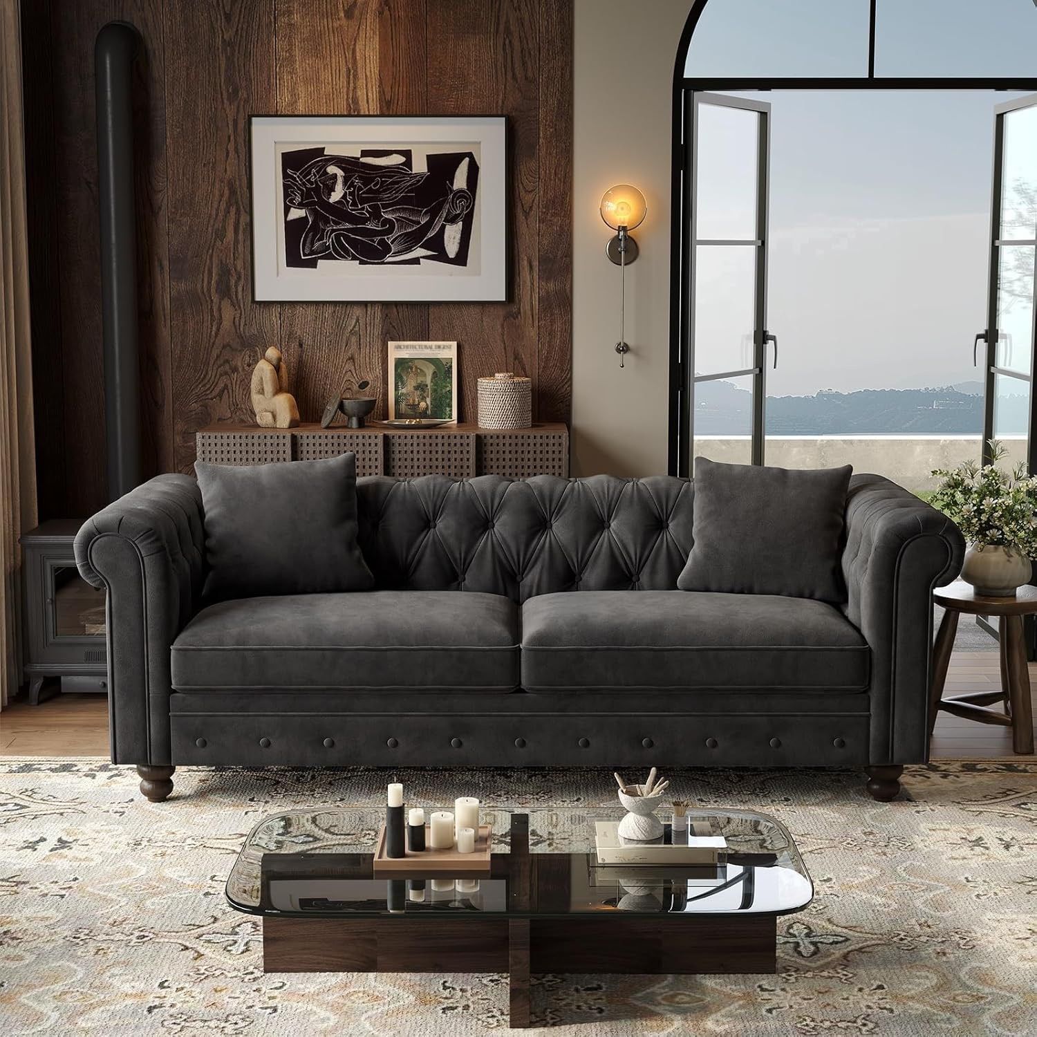 82 Inch Chesterfield Sofa, 23 Inch Deep Seat Velvet Couch for Living Room, Button Tufted Couch with Rolled Arms, 2 Throw Pillows, Comfy Vintage Lovese