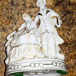 Vintage Porcelain Victorian Courting Couple Bisque Figurine Made In Japan Gold Trim.
