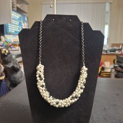Woven Statement Necklace Featuring Multi-Strand Clusters Of Faux Pearls & Faceted Black Crystal Beads, Gunmetal 20" Chain W/3" Extra, Vintage Late 20t