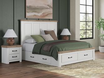 Savonport White/Brown King Panel Storage Bed w/ 2 Under Bed Storage