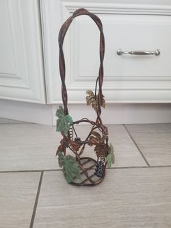 Metal Tall Wire Basket or Wine Bottle Holder Adorned With Grape Vine