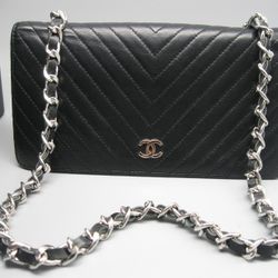 Authentic Chanel Black Chevron Lambskin Leather CC Long Full Flap Bag Wallet