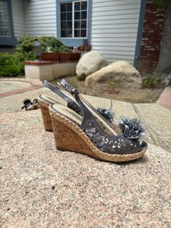 Size 8.5. DbDk Fashion Grey Floral Peep-Toe Cork Wedge Sandals