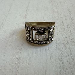Heidi Daus Crystal Wide Statement Ring Art Deco Style Gold Tone Baguette Rhinestones