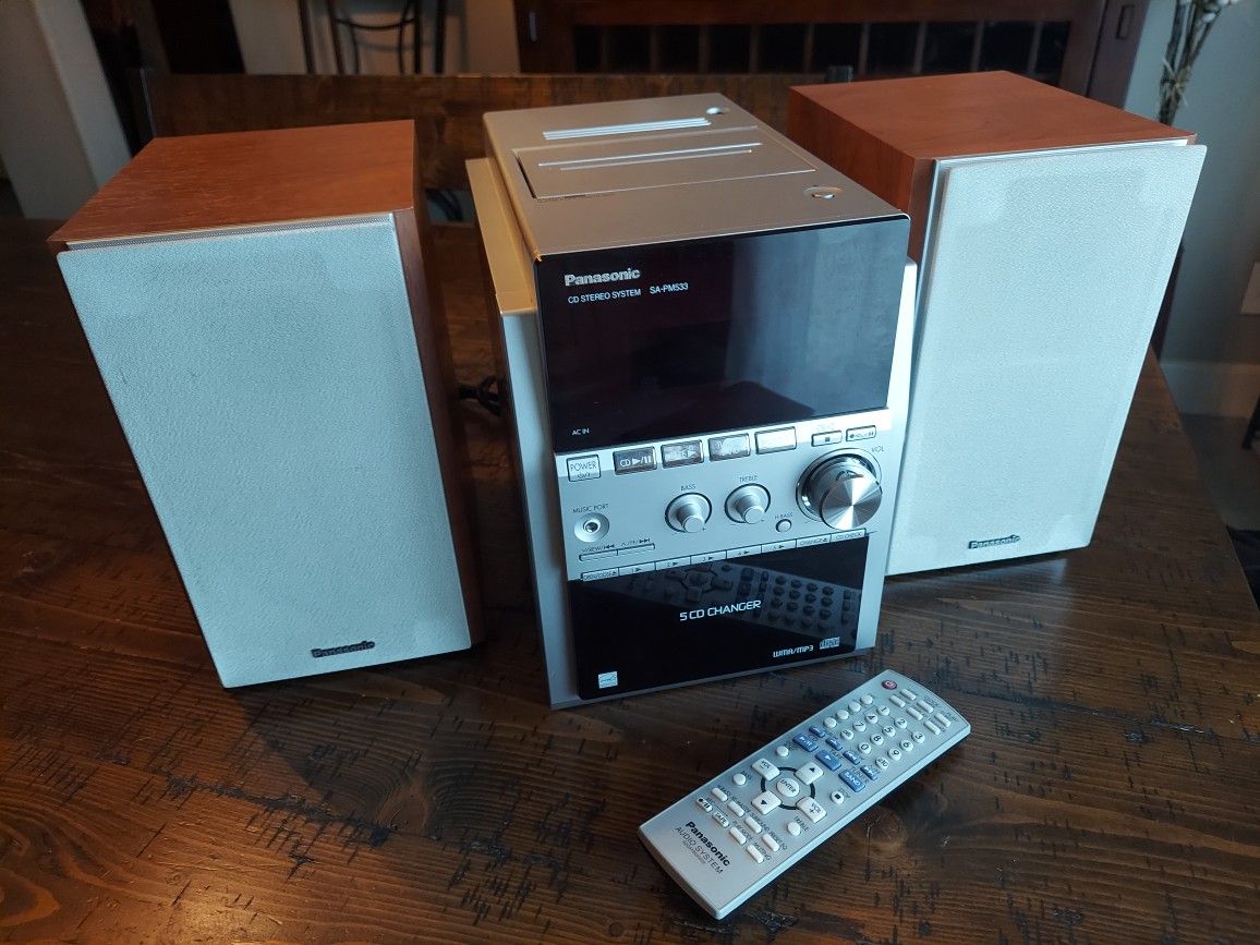 Panasonic SA-PM53 Bookshelf Stereo 5 Disc CD Changer Cassette Player AM FM RadioPanasonic SA-PM533 CD Stereo System 5 Disc Changer Cassette MP3 Radio