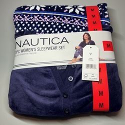 Nautica Women's 2 Piece Fleece Pajama Sleepwear Set, M Blue