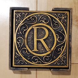 4 Gold 'R' Coasters & Holder