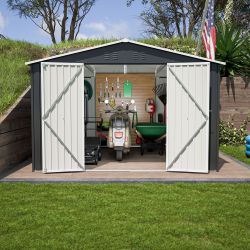 Outdoor Storage Shed 10 x 10 FT, Metal Tool Storage with Lockable Doors and Updated Frame Structure, Large Metal Garden Shed for Backyard, Patio