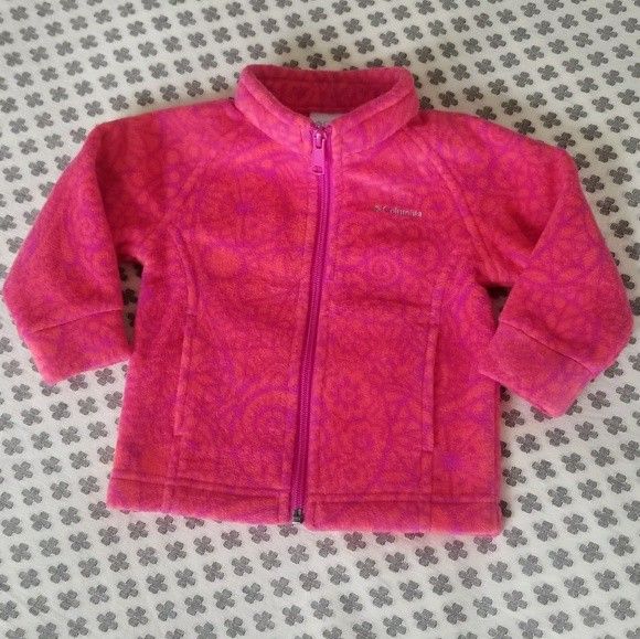 Columbia Jacket Baby Kids Size 3/6 Month Long Sleeve Fleece Pink Full Zip Pockets Coat Sweater Top