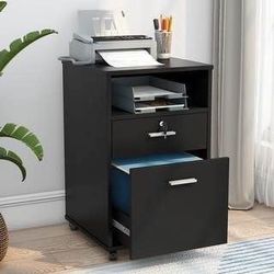 New Black 2-Drawer File Cabinet Mobile Printer Stand with Lock and Key