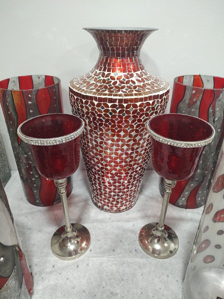 RED Stained Glass Vases, Wood Base Fake plants, Pillow