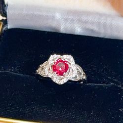 LOVELY!! STAMPED IRELAND 925 STERLING SILVER CZ CELTIC ROSE RING, SIZE 7 