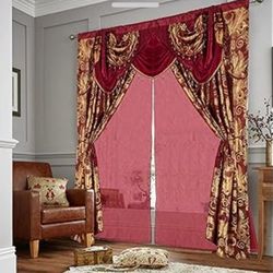 Jacquard Luxury Window 2 Panel Set Burgundy Gold Curtain with Attached Valance and Backing Bedroom Living Room Dining 2 Curtains 55x84 inches Each Jan