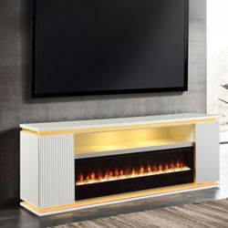 Brand New White 71'Inch TV Stand w Electric Fireplace & Bluetooth Speakers