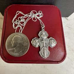 Vintage Sterling Silver Catholic Cross Necklace, W/ Jesus, Mother Mary , And Saints , Marked Sterling , 20 In . 925 Sterling Chain 