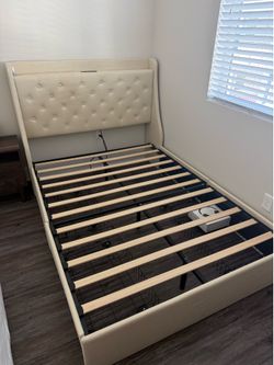 Upholstered Full Size Bed Frame with 4 Storage Drawers, Charging Station and Tufted Wingback Storage Headboard, No Box Spring Needed, Easy Assembly, B