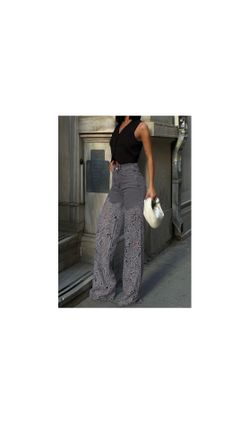 Baggy Lace Patchwork Hollow Out Denim Pants High Rise Wide Leg Floral Cutout Floor Length Jeans Pockets Zipper