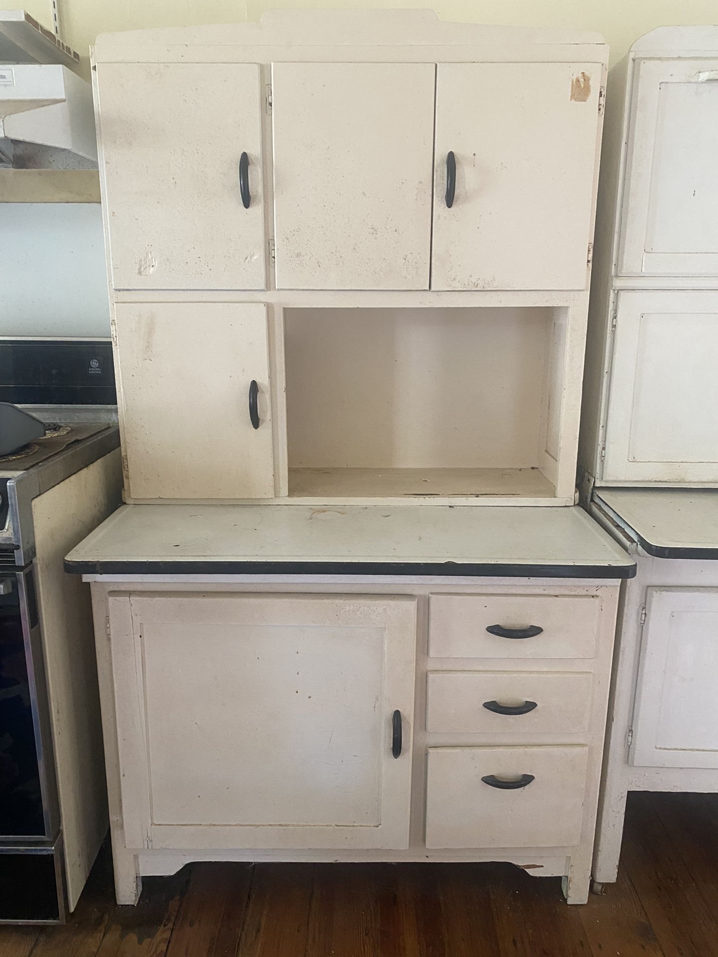 Vintage Antique Hoosier Cabinet White Wood Metal Flour