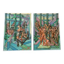 Pair of Monumental Figurative Surrealist Paintings, Signed “John H.H.” 1974