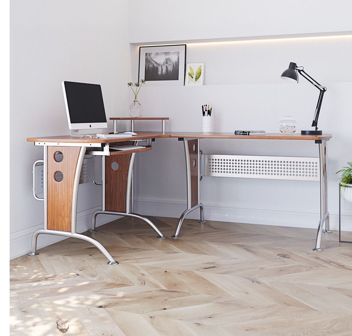 Techni Mobili Deluxe L-Shaped Computer Desk With Pull Out Keyboard Tray, Mahogany (RTA-3806-M615)